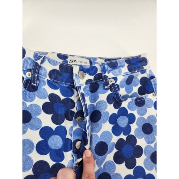 Zara Women's Blue Floral Print High Waist Button Fly Denim Jeans Size‎ 6 - Picture 3 of 8